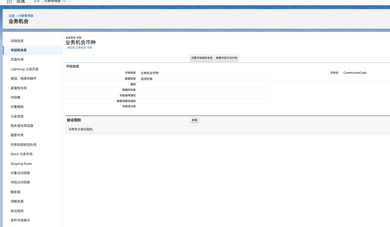Salesforce 业务机会币种 CurrencyIsoCode 字段定义